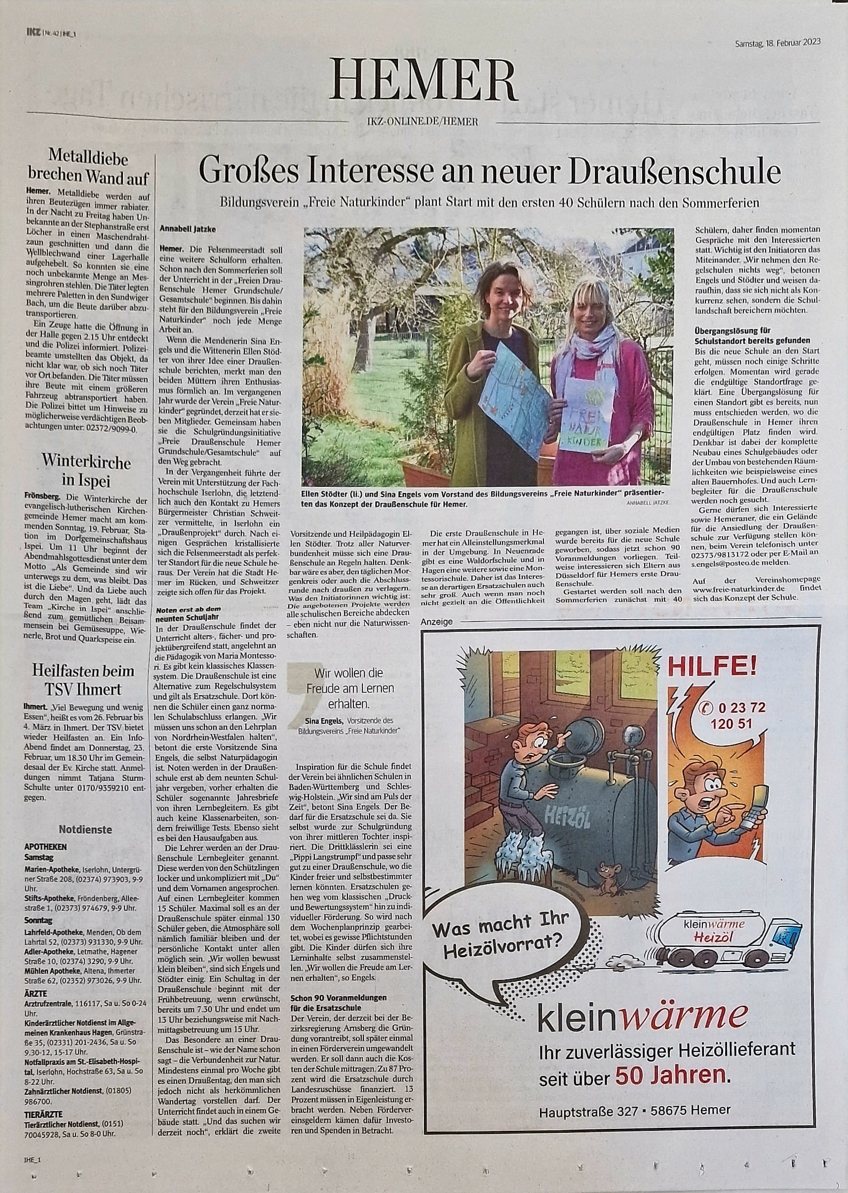 Zeitungsbericht der IKZ über die geplante Draußenschule